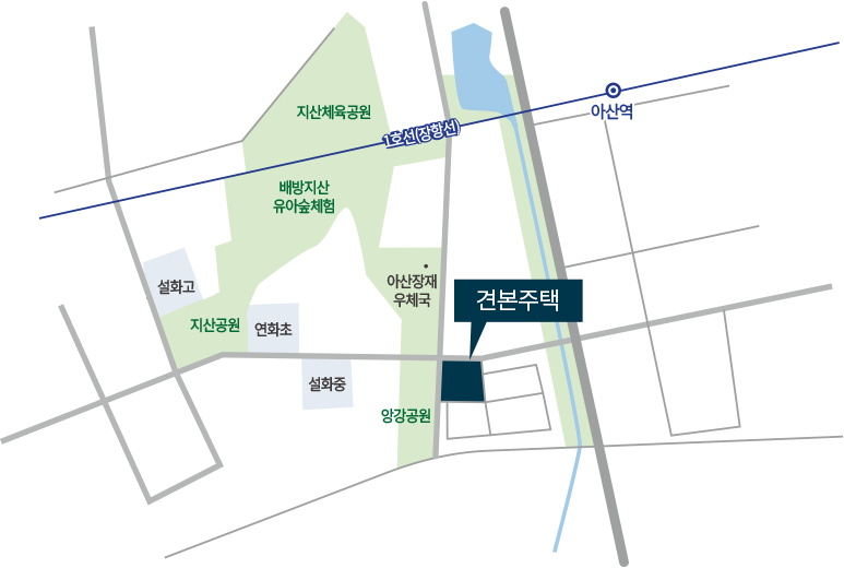휴먼빌 견본주택 위치도: 아산시 배방읍 장재리 1628, 아산역 남쪽 아산장재우체국 인근